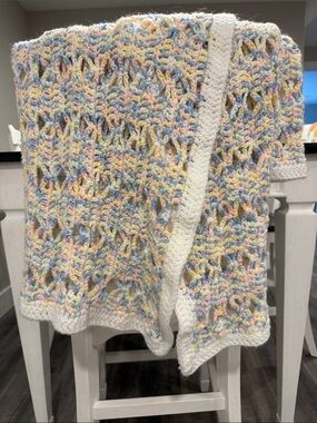 Handmade Crochet Baby Blanket in Pastel Multi with White Trim